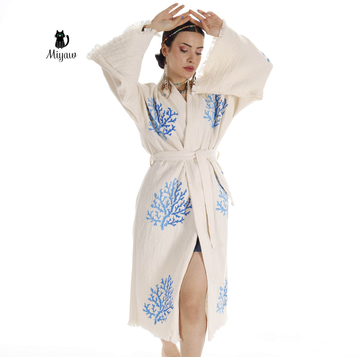 Beige organic cotton kimono with blue coral embroidery and waist tie, front slit detail