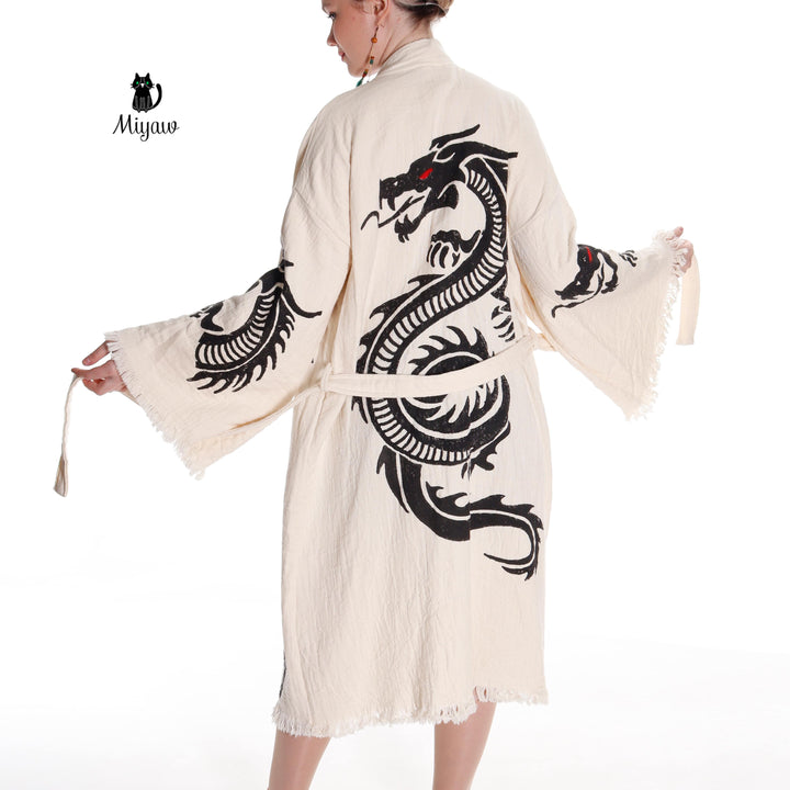 Beige women's cotton bath robe with black dragon print, wide sleeves and fringed cuffs