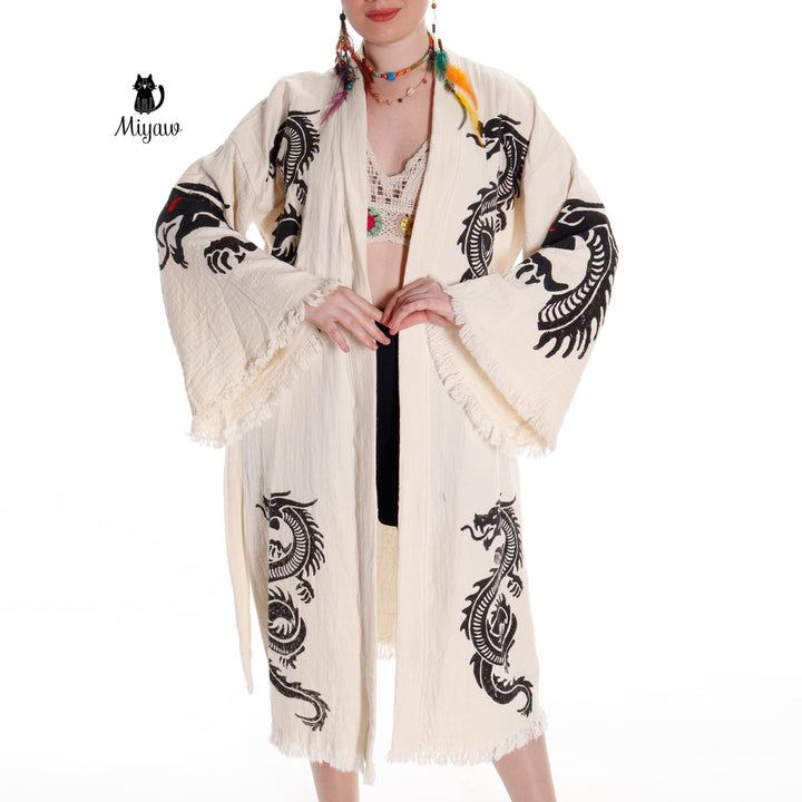 Beige women's cotton robe with black dragon embroidery-style print and tie-front belt