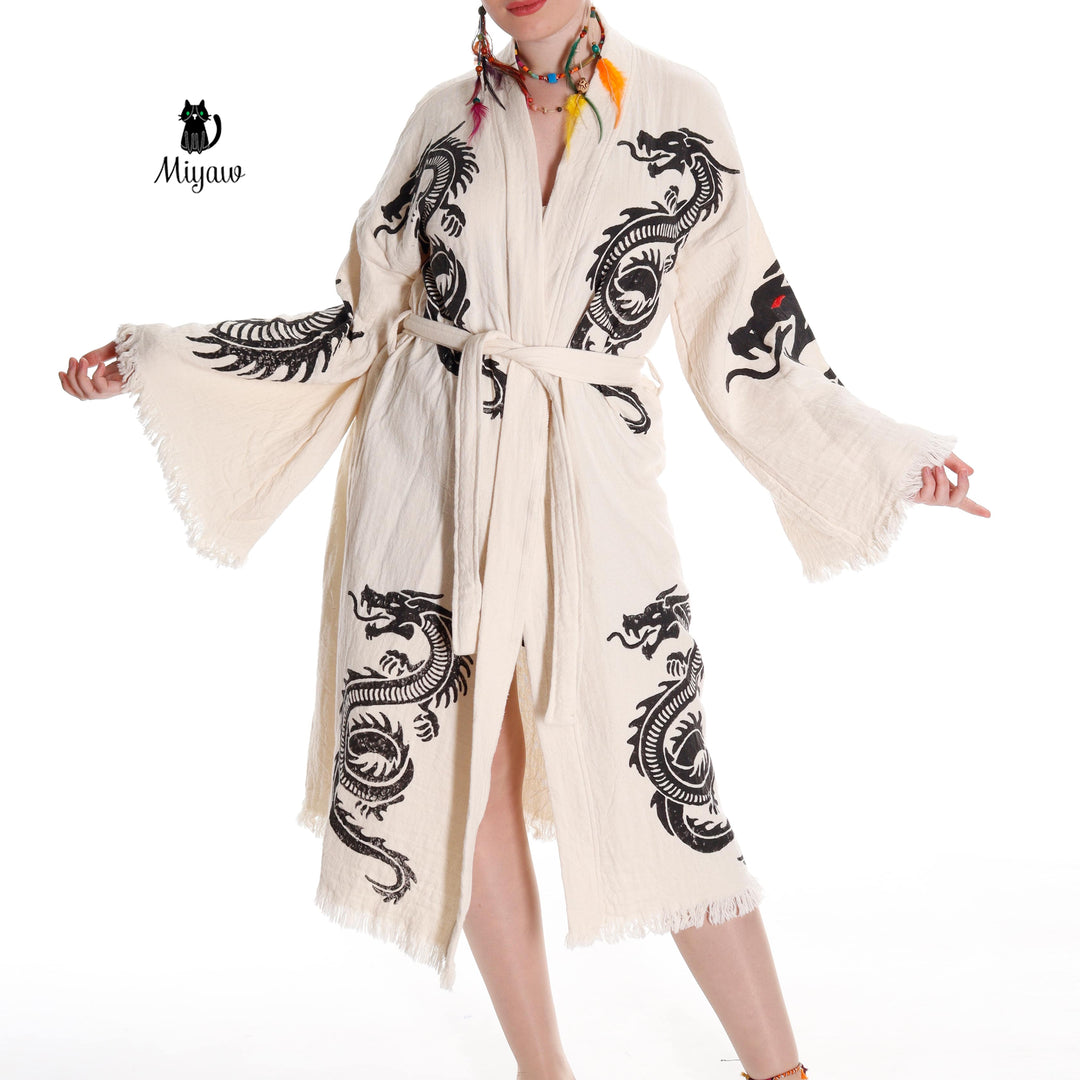 Beige women's cotton robe with black dragon print, wide collar and fringed cuffs