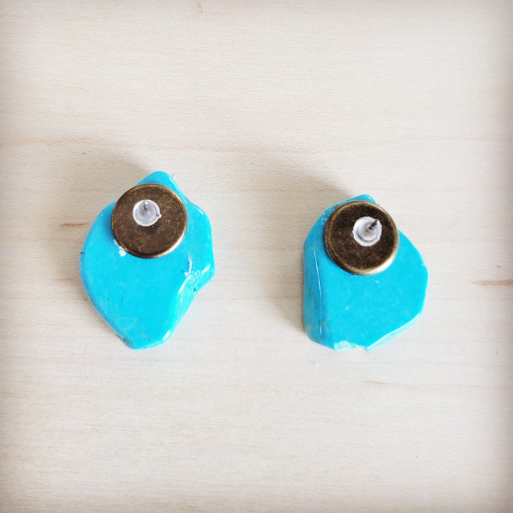 Turquoise slab earring studs back view with round metal post tops