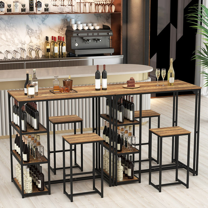 Bar-height dining set with rustic tabletop, metal frame, and two stools with wooden seats