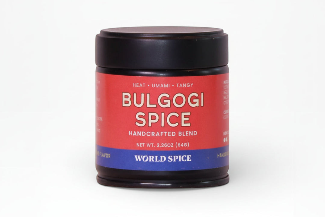 Bulgogi spice blend jar with black lid and red-blue label