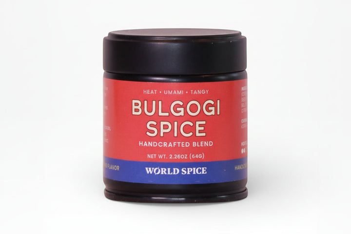 Bulgogi spice blend jar with black lid and red-blue label