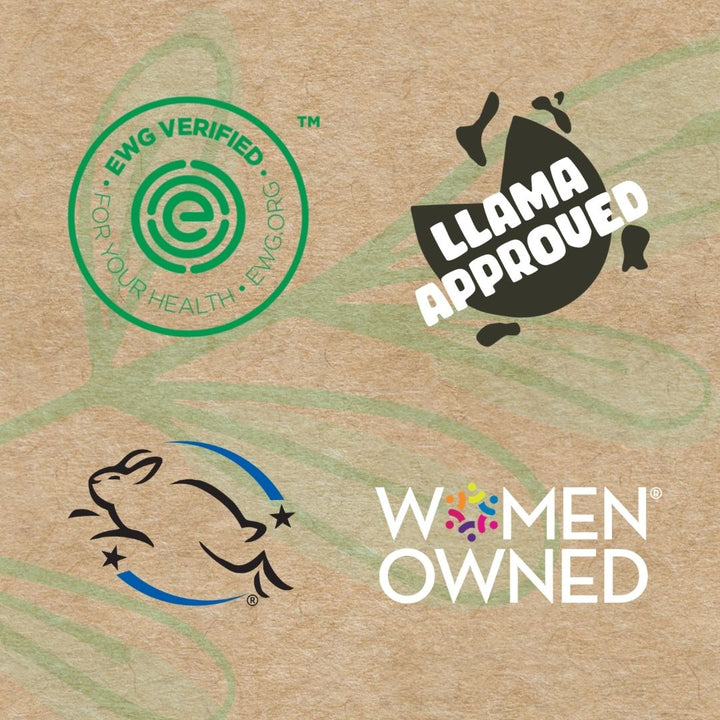 EWG Verified, Llama Approved, and Women Owned certification icons for laundry powder