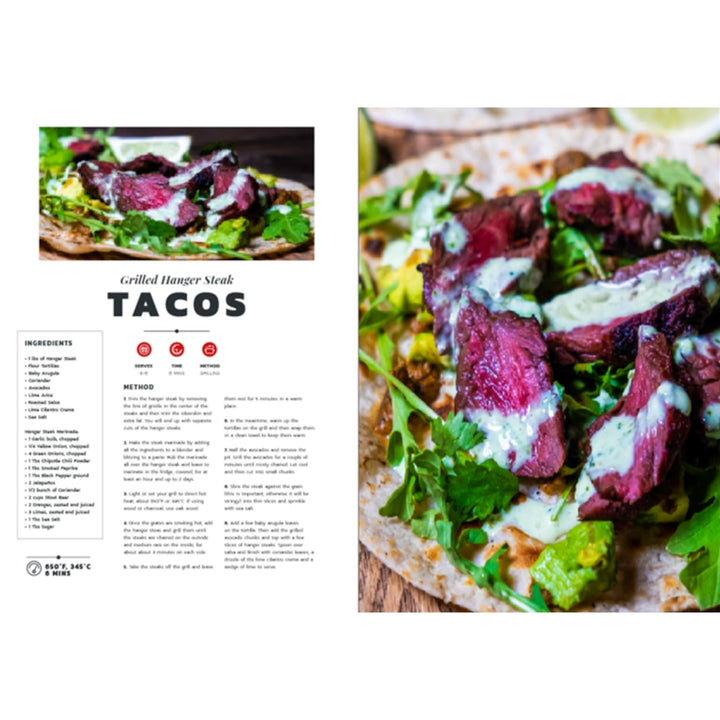 Cookbook taco recipe spread with green salad and red meat on tortillas