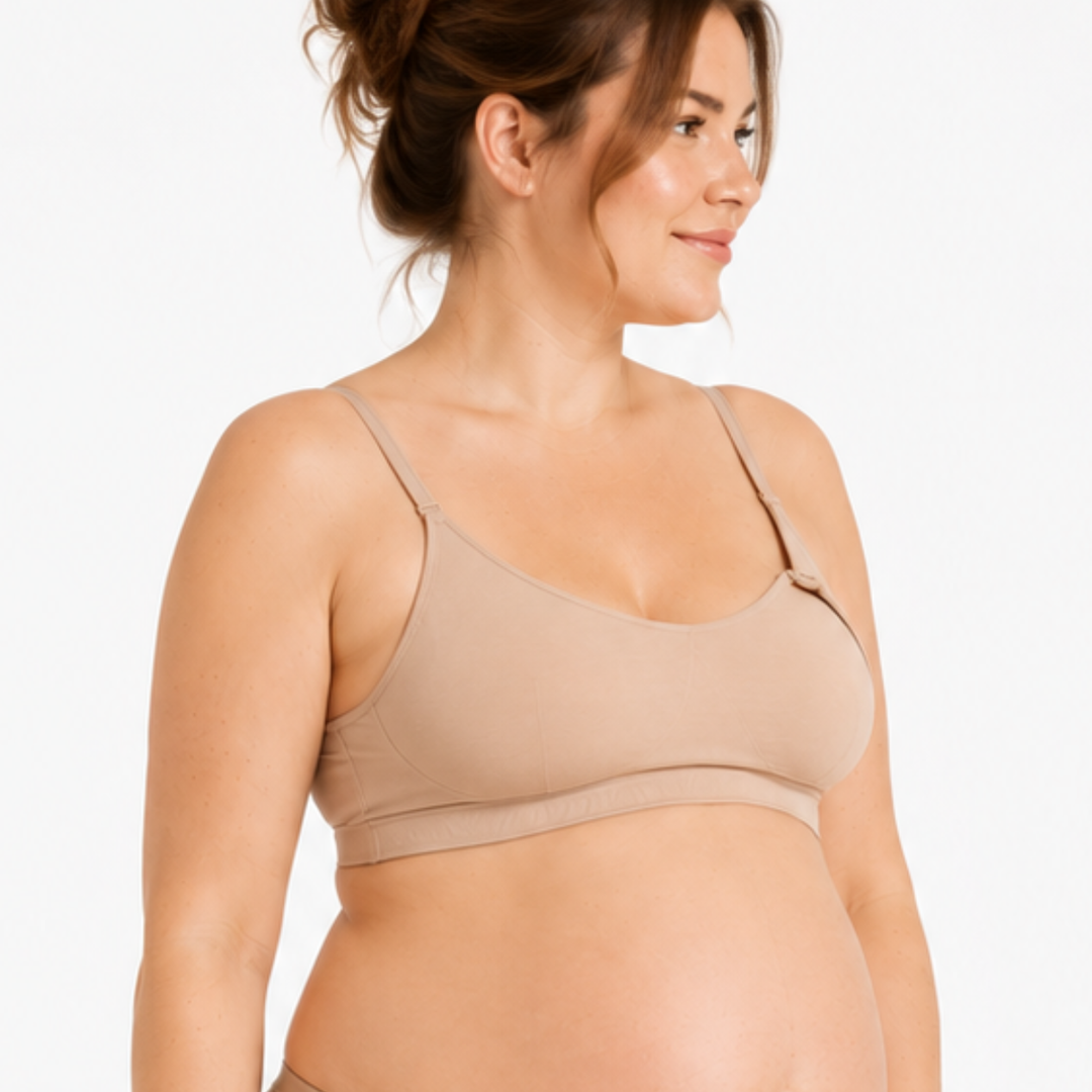 Mocha nursing bralette front view with scoop neckline and adjustable straps