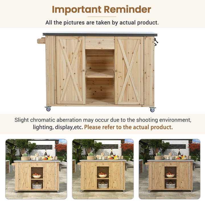 Fir Wood Kitchen Island with Stainless Steel Top