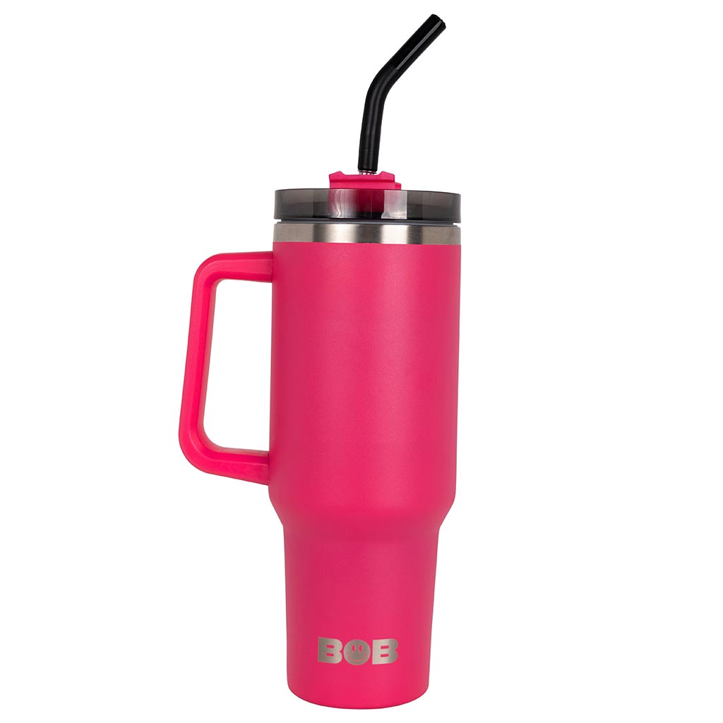 40 oz tumbler with handle, screw-on lid, black straw, and red insulated body