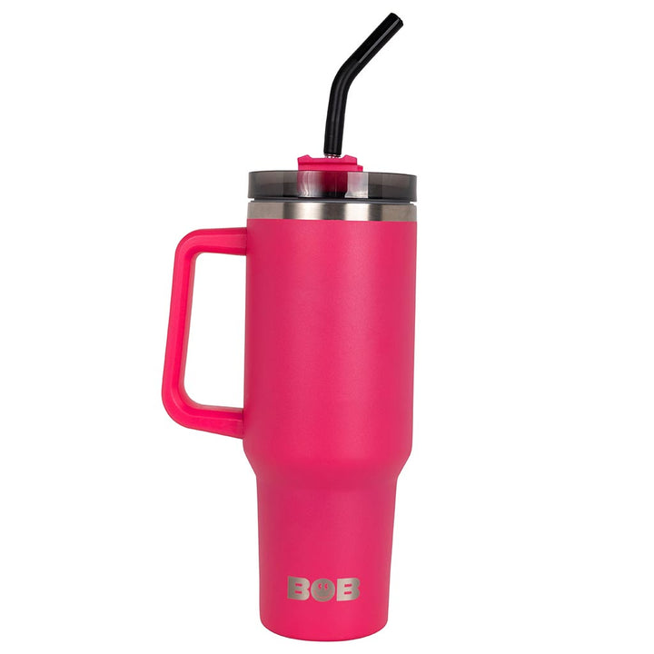 40 oz tumbler with handle, screw-on lid, black straw, and red insulated body