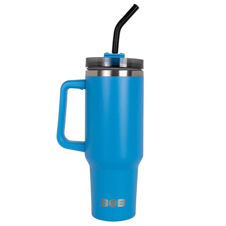 40oz Roadie tumbler in cool blue with black straw and clear lid