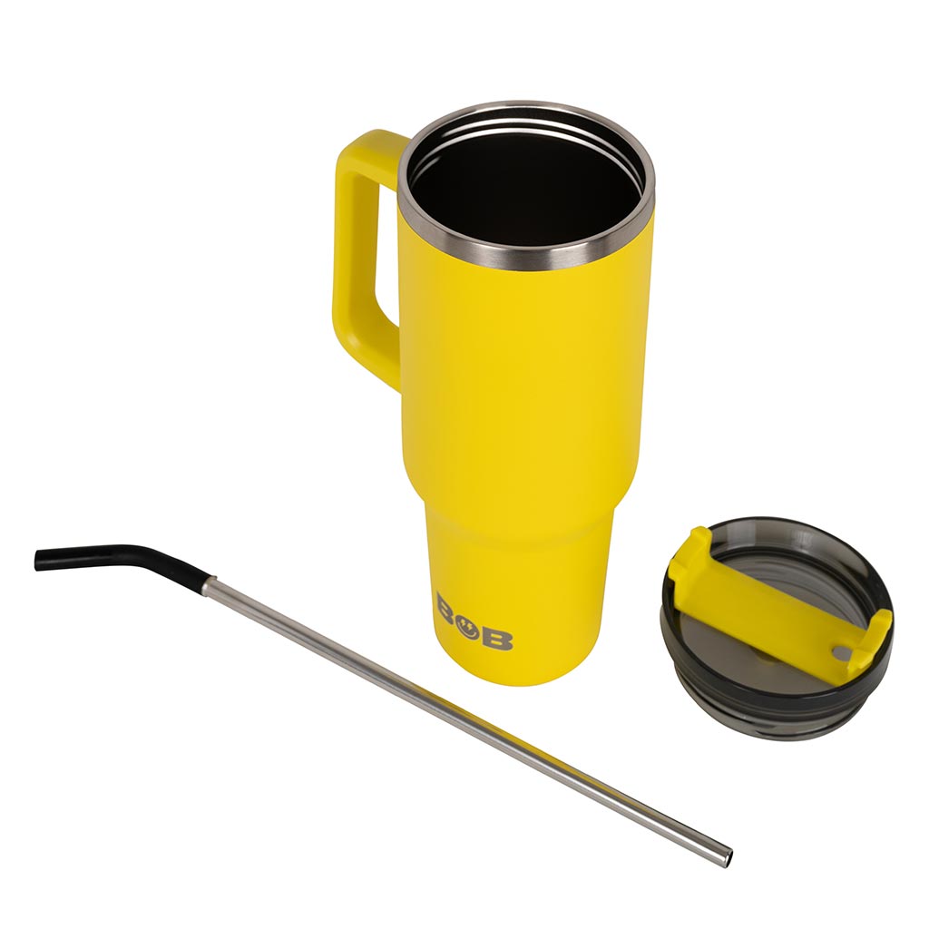 40oz Roadie tumbler in bright yellow with black straw and spare lid