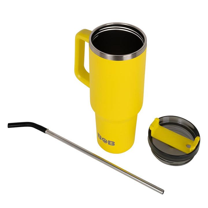 40oz Roadie tumbler in bright yellow with black straw and spare lid