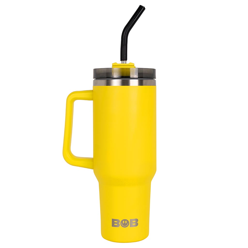 40oz Roadie tumbler in bright yellow with black straw and clear lid