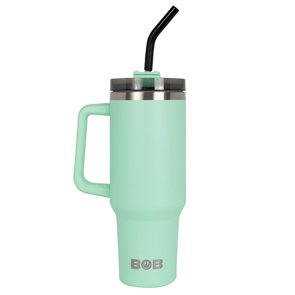40oz tumbler with handle, mint insulated body, and black straw lid