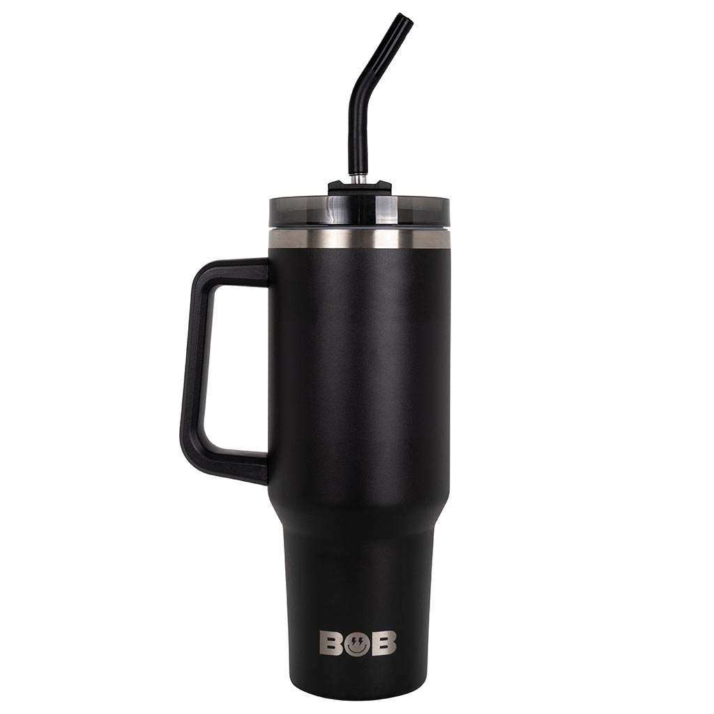 40 oz tumbler with handle, screw-on lid, black straw, and black insulated body