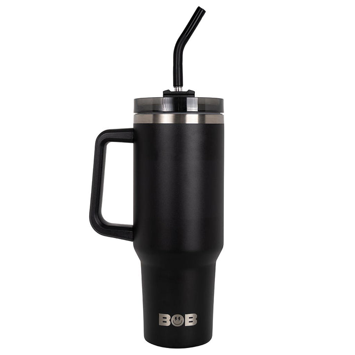 40 oz tumbler with handle, screw-on lid, black straw, and black insulated body