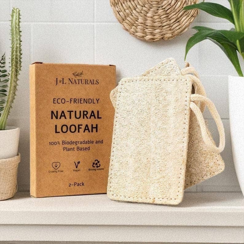 Natural loofah pad set with pouch, tan-beige rectangular scrub pads and cords