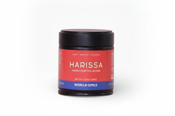 Harissa spice blend jar with black lid and red label, 2.3 oz