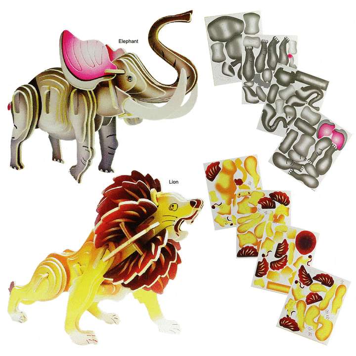 African safari woodcraft animal kit with elephant and lion pieces and cut-out parts