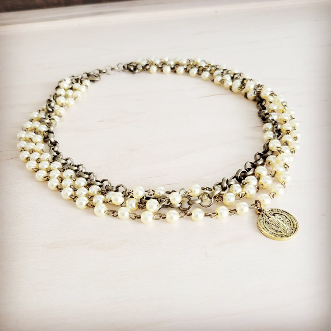 Champagne pearl beaded collar necklace with coin medallion pendant and chain links