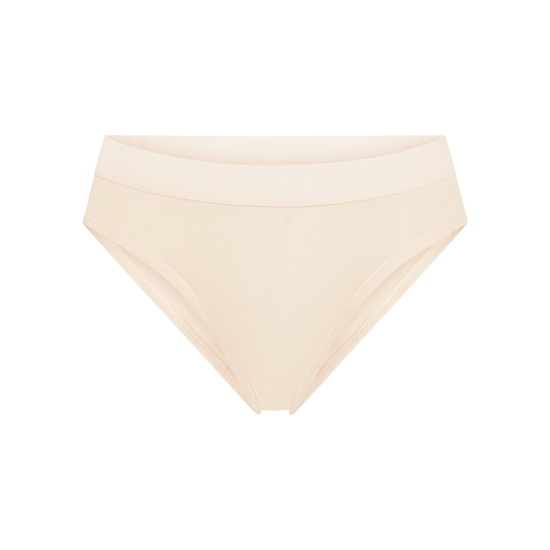 Mid-rise brief in latte beige, flat front with smooth fabric