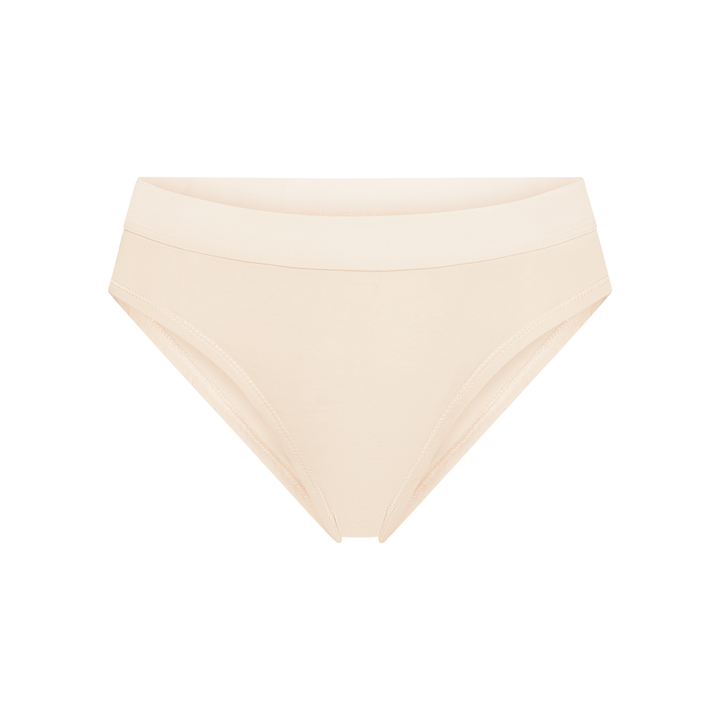Mid-rise brief in latte beige, flat front with smooth fabric