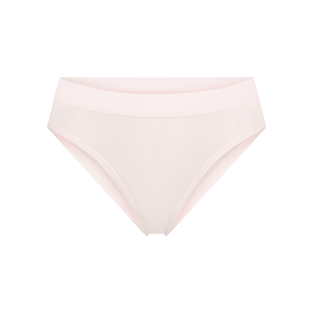 Mid-rise briefs in pink, flat lay shows smooth stretch waistband and leg openings