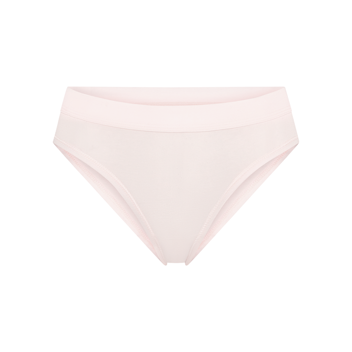 Mid-rise briefs in pink, flat lay shows smooth stretch waistband and leg openings