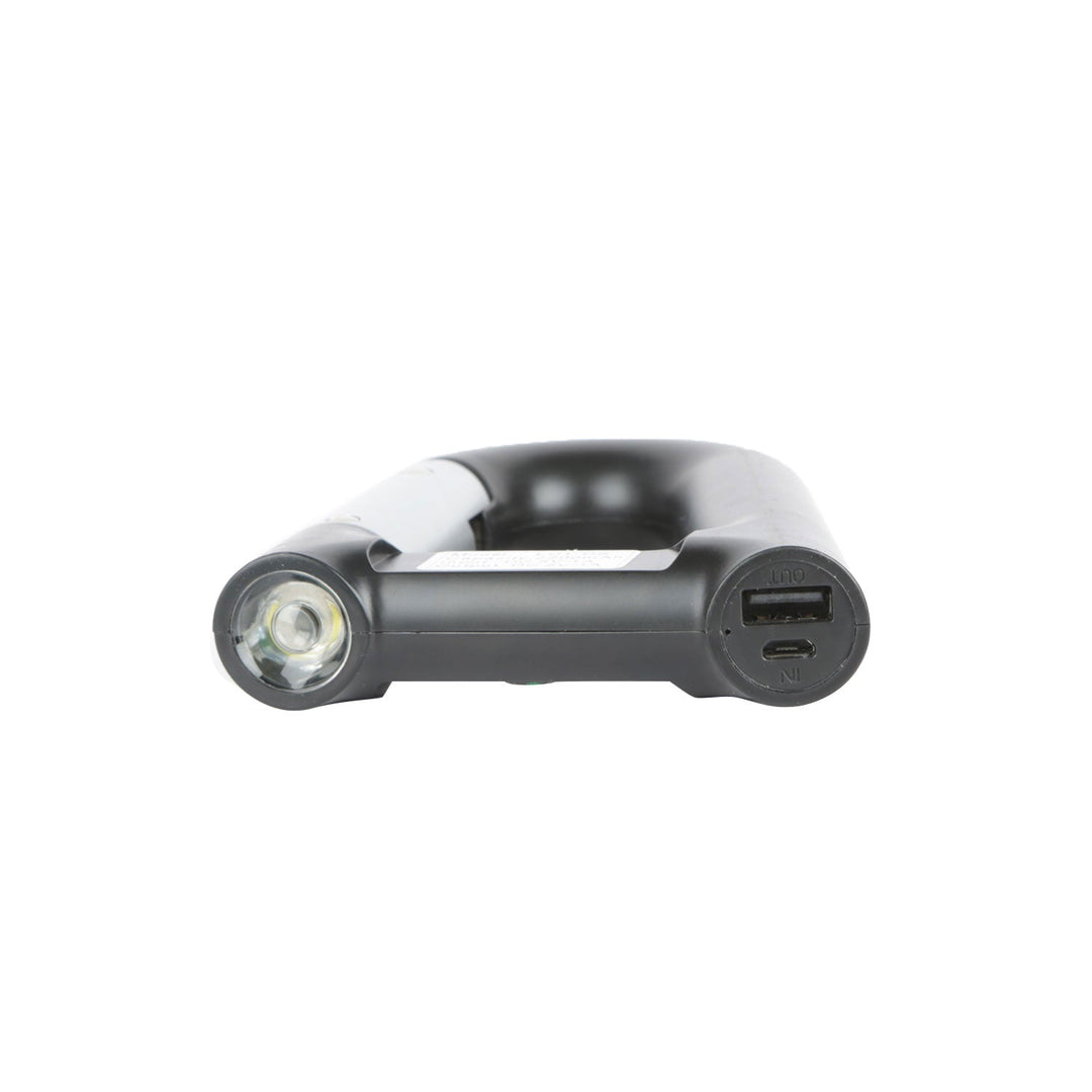 Carabiner power bank with LED flashlight lens and USB charging port