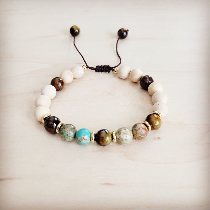 Beaded gemstone bracelet with white, brown tiger-eye and turquoise accent beads