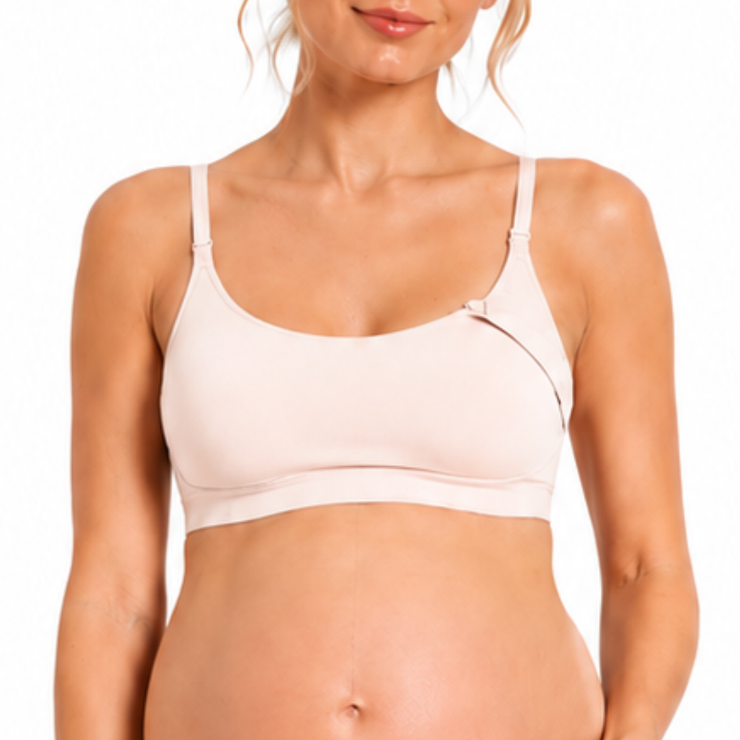 Light pink nursing bralette with adjustable straps and nursing flap detail
