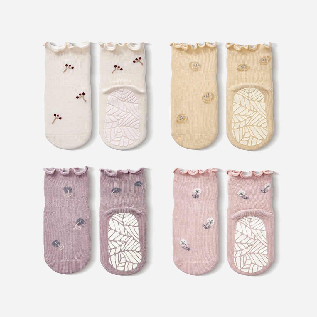 Baby non-slip socks set with ruffled cuffs in cream, beige, lilac, and pink