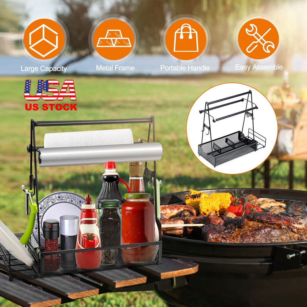 Metal grill caddy with paper towel roll holder, utensil hooks, and metal mesh storage basket