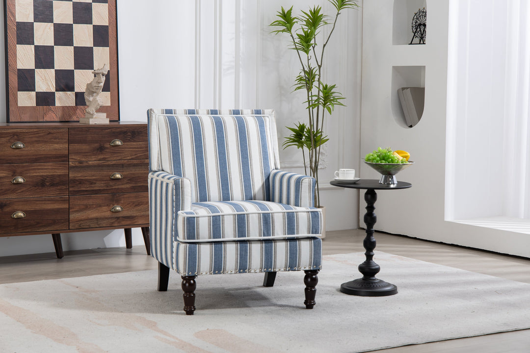 Accent Chair Vintage Striped Linen Blue White Nailhead Solid Wood Legs