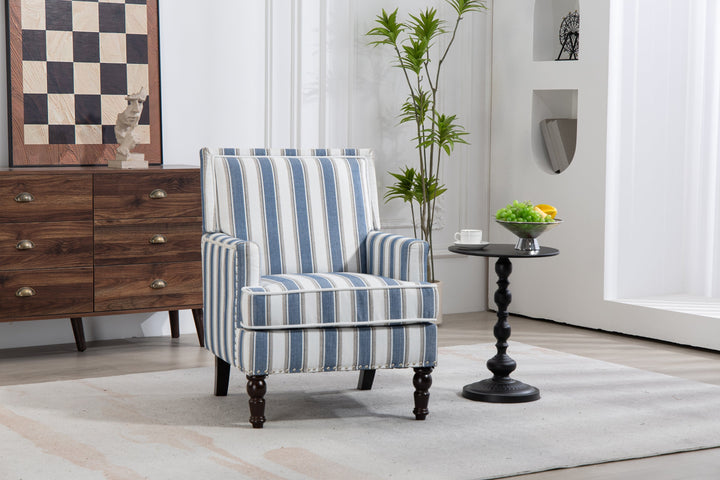 Accent Chair Vintage Striped Linen Blue White Nailhead Solid Wood Legs