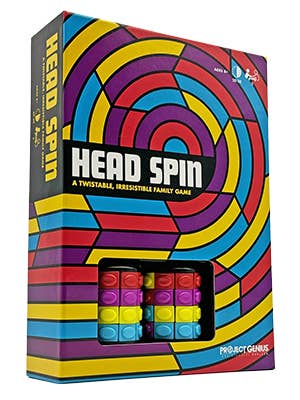 Head Spin family board game box with rainbow spiral design and cube puzzle tray
