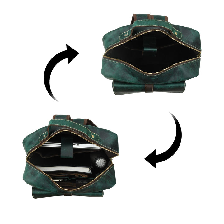Green leather backpack with open top showing front pocket and interior lining.