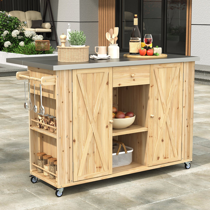 Fir Wood Kitchen Island with Stainless Steel Top