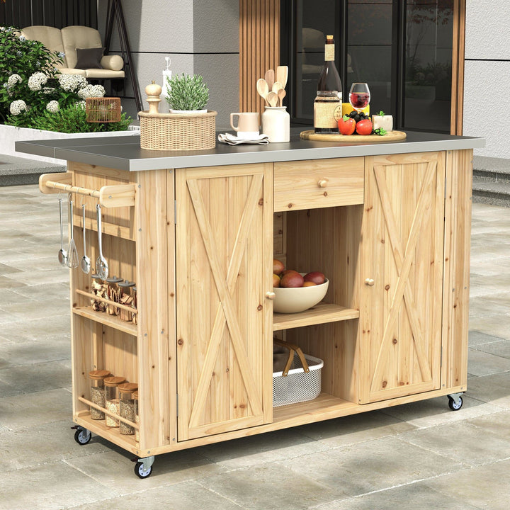 Fir Wood Kitchen Island with Stainless Steel Top