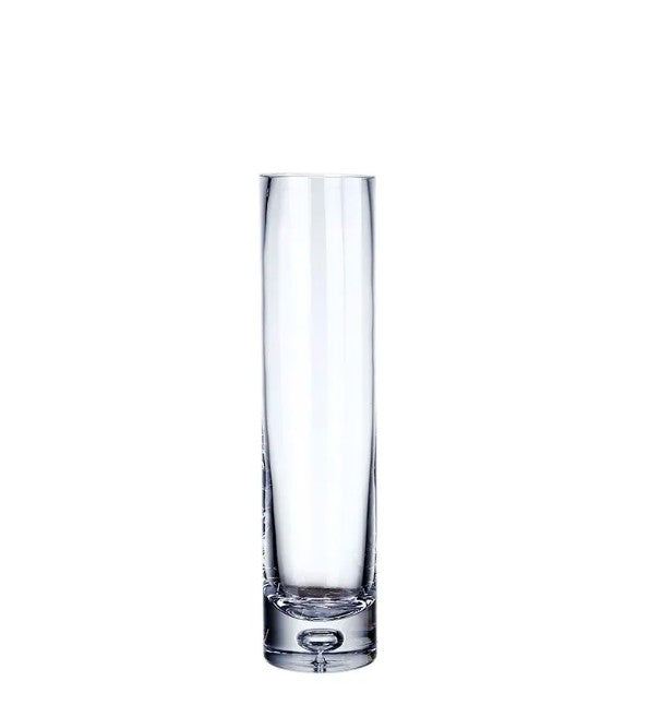 Clear glass cylinder vase with wide rim and heavy round base