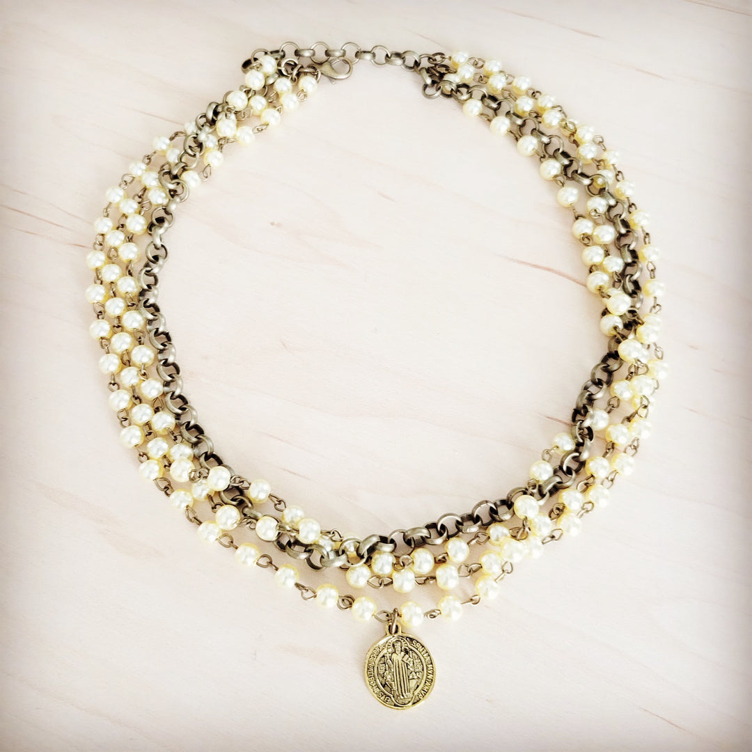 Champagne pearl beaded collar necklace with layered bead strands and round pendant