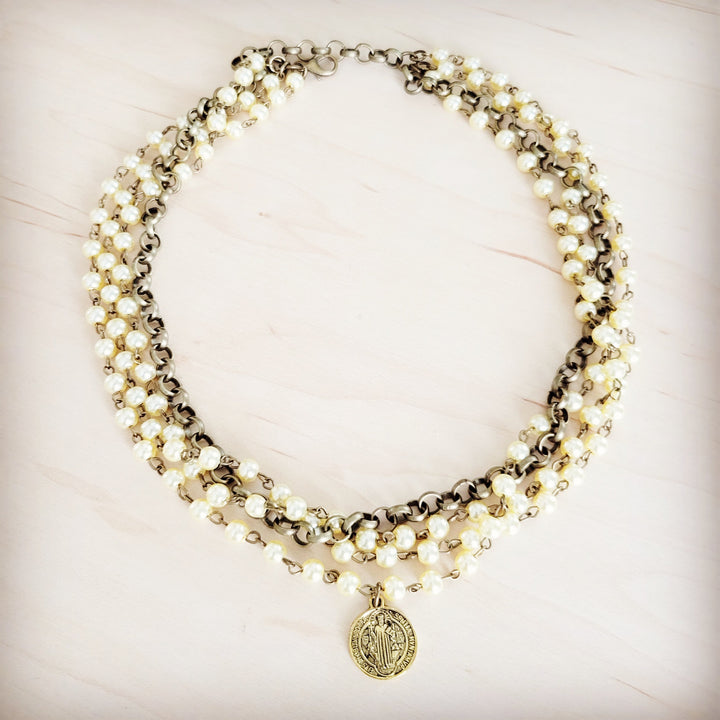Champagne pearl beaded collar necklace with layered bead strands and round pendant