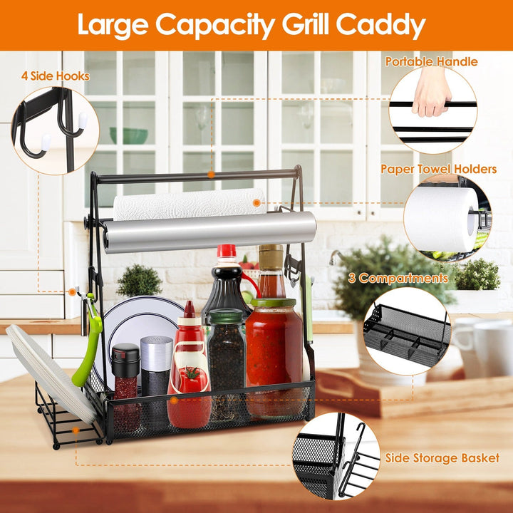 Black metal grill caddy with paper towel holder, side hooks, and three storage compartments