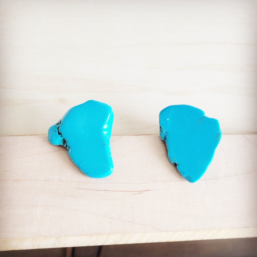 Turquoise slab earring studs, irregular blue shapes on metal posts