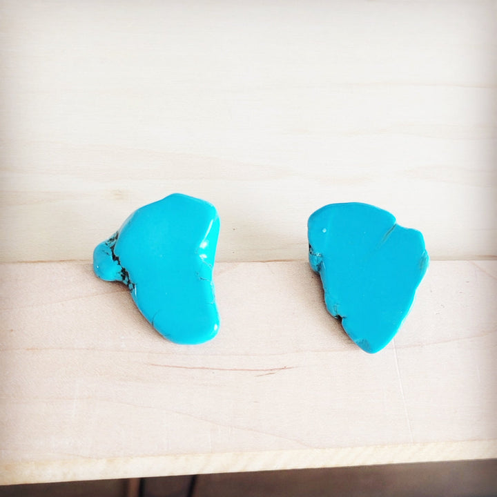 Turquoise slab earring studs, irregular blue shapes on metal posts