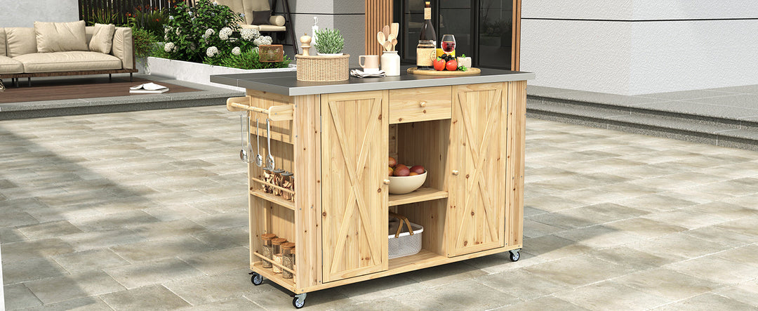Fir Wood Kitchen Island with Stainless Steel Top