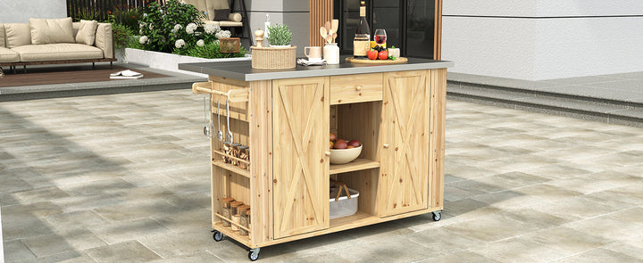 Fir Wood Kitchen Island with Stainless Steel Top