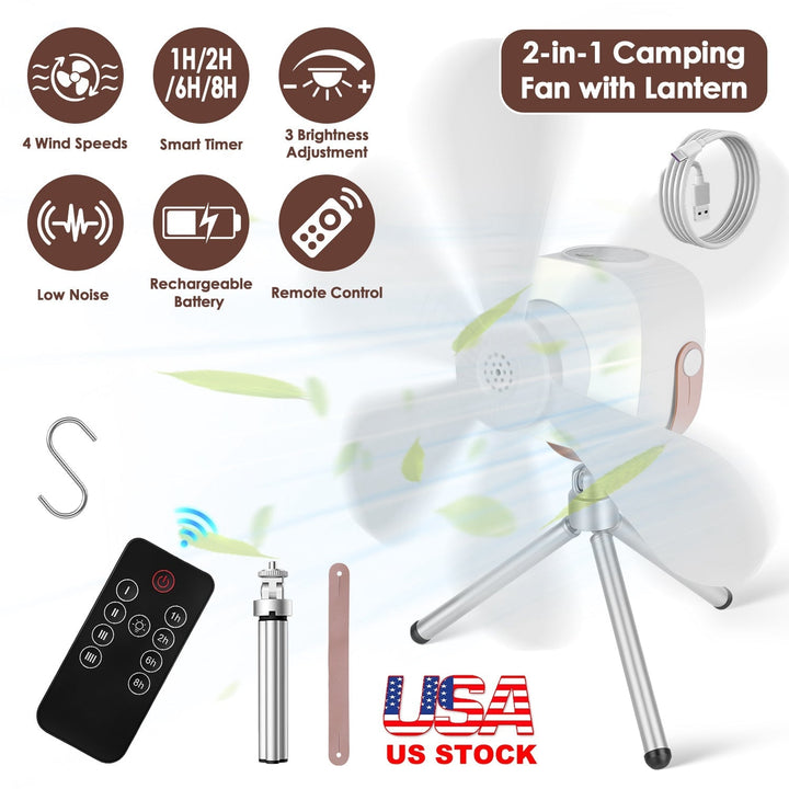 2-in-1 camping fan with lantern kit: ceiling fan, remote, charging battery, and hook