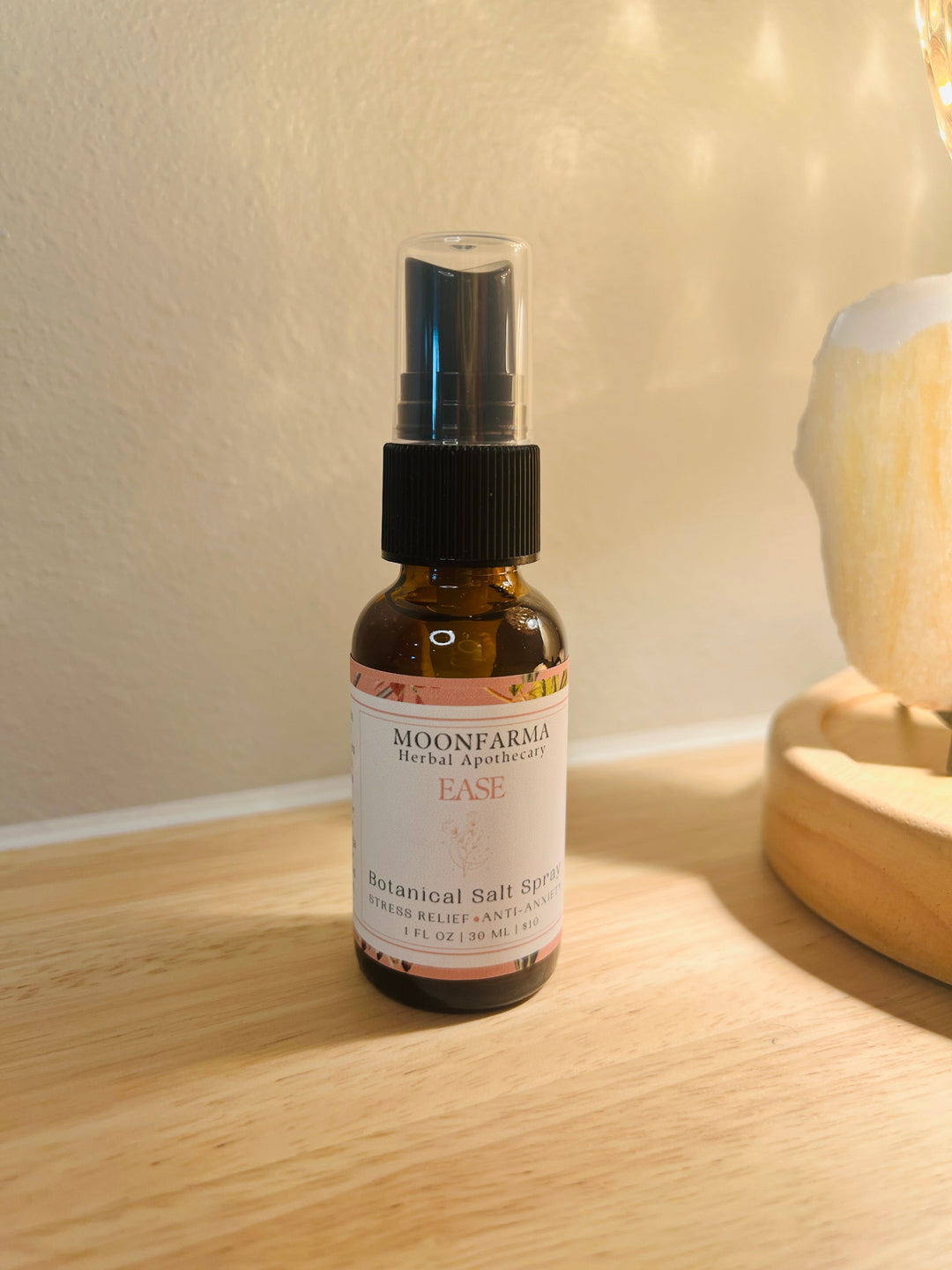 Moonfarma Ease herbal salt spray bottle with black mist sprayer pump